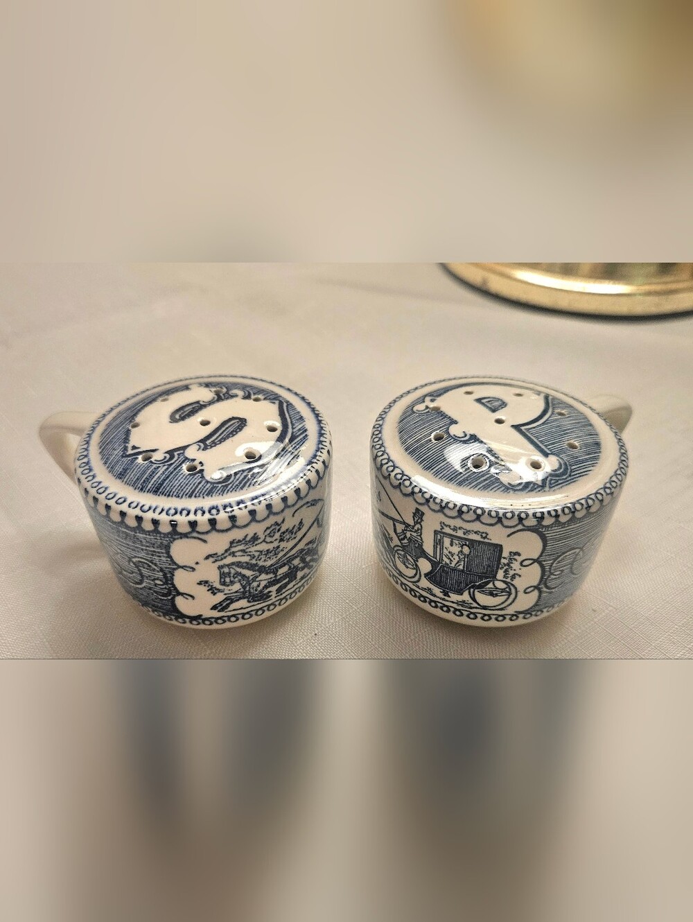 Currier/Ives Vintage Royal China Blue/White Ceramic Salt and Pepper Shakers